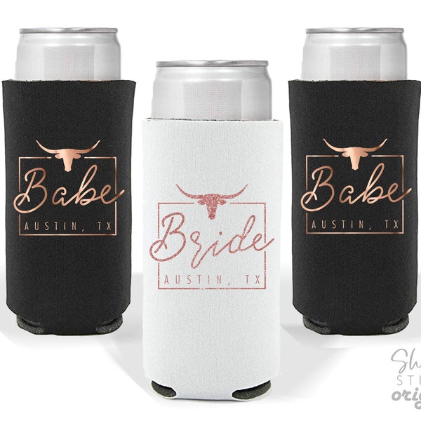Custom Bachelorette Party Can Holder - Austin or Your Location - Bride - Babe - Reusable Can Holder - Texas Boots Bach Bash Hat Long Cowgirl