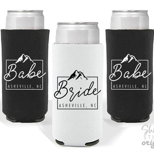 Bachelorette Party Slim Can Holder - Asheville - Bride - Babe - Reusable Can Holder - North Carolina Asheville Hiking Mountains Bach Bash