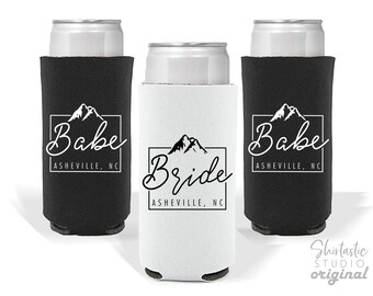 Bachelorette Party Slim Can Holder - Asheville - Bride - Babe - Reusable Can Holder - North Carolina Asheville Hiking Mountains Bach Bash