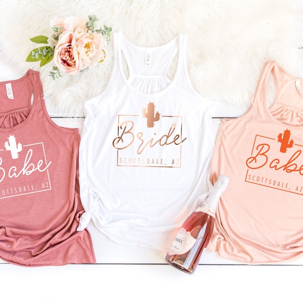 Bachelorette Party Tanks - Scottsdale - Women's Flowy Racerback Tank Top - Arizona Bachelorette Trip Western Cactus Boots Sedona Hiking