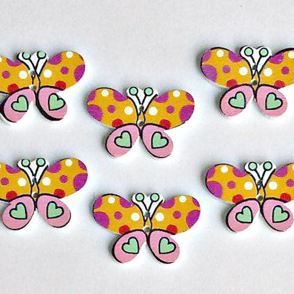 6 Orange and Pink Wooden Butterfly Buttons - Butterflies - Buttons - Quilting - Sewing - #WSB0034