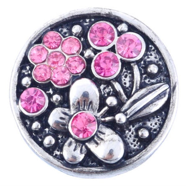 Pink Rhinestone Flower Snap Button - Pink Flower Snap - Snap Button Chunk - Charm Fits Ginger Snaps Noosa - #SB0009