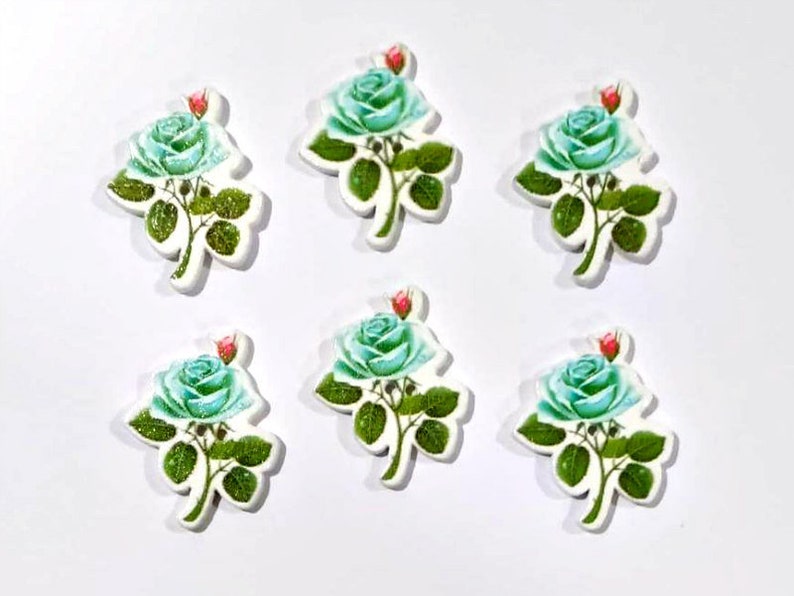 Flower Buttons Wooden Buttons Embellishments Sewing buttons 6 Pastel Turquoise Rose Buttons #WSB0123