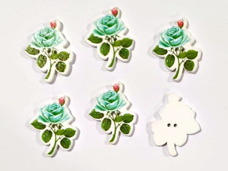 Flower Buttons Wooden Buttons Embellishments Sewing buttons 6 Pastel Turquoise Rose Buttons #WSB0123