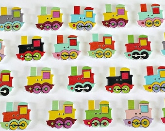 10 Wooden Train Buttons - Railway Buttons - Colorful Trains - Kids Craft Supplies - Scrapbooking - Sewing - Cardmaking - Hair Accessories