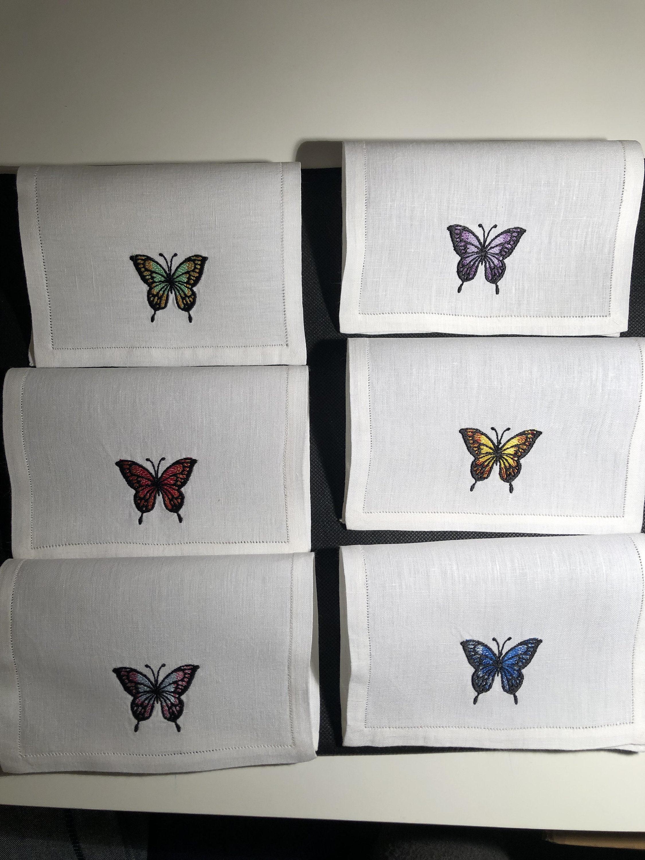 6 Serviettes de Cocktail, à Thé, Apéritif, Brodées Papillons en Pur Lin Blanc