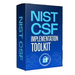 Może przedstawiać: Prostokątne niebieskie pudełko z napisem NIST CSF IMPLEMENTATION TOOLKIT w kolorze białym i jasnoniebieskim. Z boku pudełka znajduje się również napis NIST CSF. Jasnoniebieska ikona kłódki jest wyśrodkowana na dole nad wzorem obwodu.