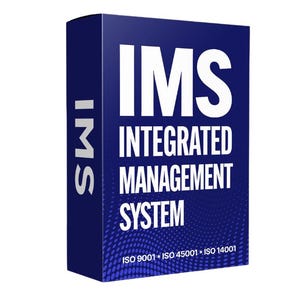 May include: A rectangular box with a deep blue background and white text. The front displays the acronym IMS, the words INTEGRATED MANAGEMENT SYSTEM, and the text ISO 9001, ISO 45001, and ISO 14001. The side panel also features the text IMS.