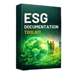 May include: A rectangular box titled ESG DOCUMENTATION TOOLKIT in white and yellow text. The cover features a green gradient background with a glowing globe, a small green plant, and silhouettes of three people standing on a textured surface.