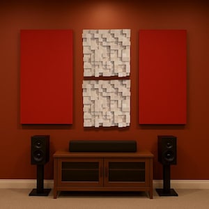 May include: A home entertainment setup featuring a wooden cabinet with glass doors, a soundbar, and two black speakers on stands. The wall is adorned with red panels and textured white decorative pieces.