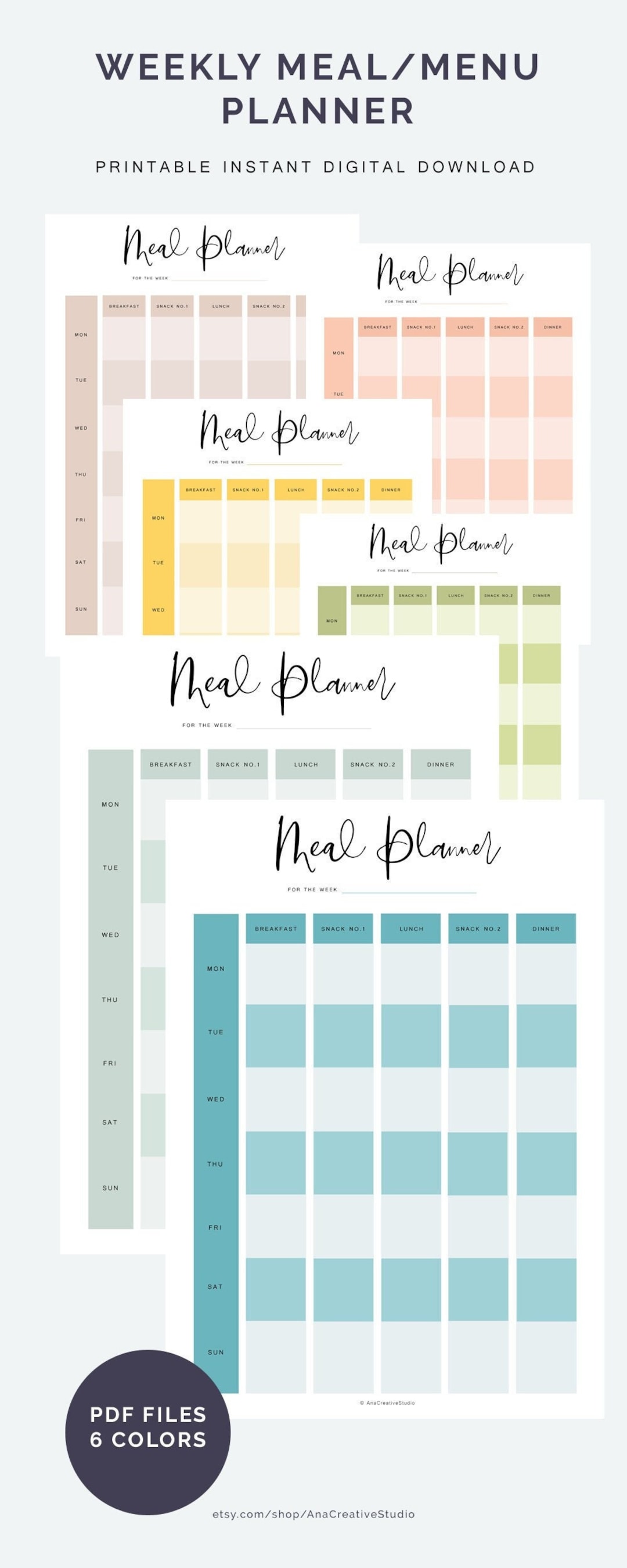 Printable Weekly Meal Menu Planner, Menu Plan Template, Meal Prep