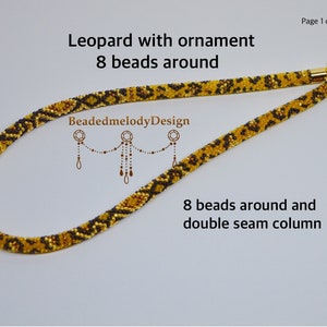 May include: A gold and black beaded necklace with a leopard print pattern. The necklace has 8 beads around and a double seam column. The text "BeadedmelodyDesign" is visible in the image.
