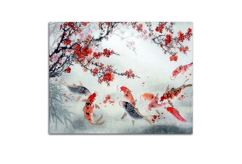 Chinese Style Paint by Number Kit Koi Fish Plum Red Flower DIY Kit Painting on canvas art Adult coloring Wall Art Decor DIY Gift Idea 16*20