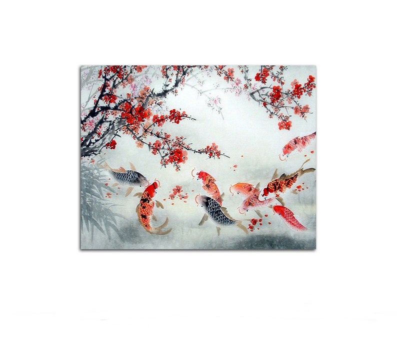 Chinese Style Paint by Number Kit Koi Fish Plum Red Flower DIY Kit Painting on canvas art Adult coloring Wall Art Decor DIY Gift Idea 16*20