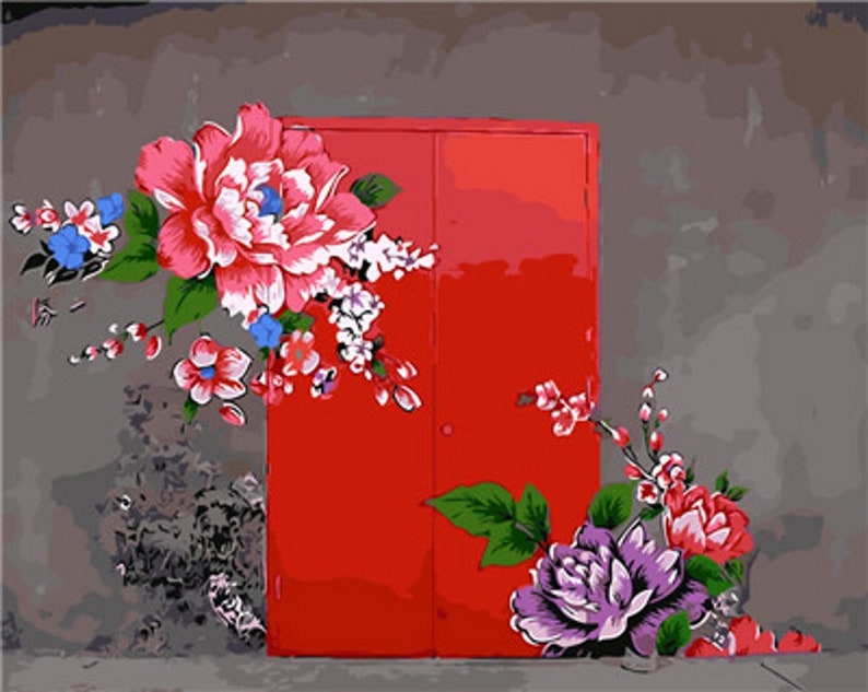 Paint By Number Kit Red Door With Flower Art Diy Painting Kit Etsy