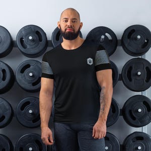 Grey Strip Black - All-Over Print Unisex Athletic T-shirt, black striped, Grey. graphic art