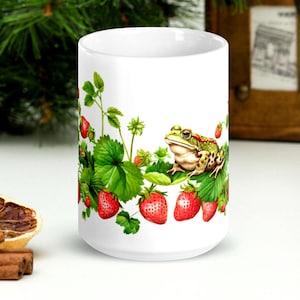 Sapo Morango - Caneca branca brilhante, sapo, natureza, jardim, arte animal, arte na caneca, sapo fofo