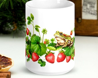 Tazza bianca lucida con rospo e fragola - rana, natura, giardino, arte animale, arte della tazza, rospo carino
