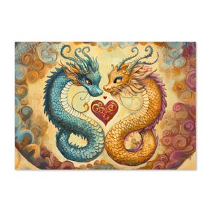 May include: A blue and gold dragon couple with a red heart between them, set against a background of swirling clouds. The dragons are facing each other and appear to be in love.