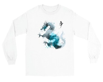 Moonwash Dragon - Maglietta a maniche lunghe da uomo, maglietta con arte giapponese del drago, acquerello, regalo drago per lui, maglietta grafica con drago verde acqua, arte fantasy