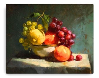 Afternoon Light - Thin canvas, fruit bowl, wall art, home decor, living room painting, fruit bowl painting, grapes, apple