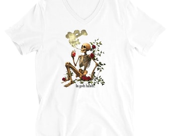 In Gods Hands - Unisex Short Sleeve V-Neck T-Shirt, skeleton, roses, smoke