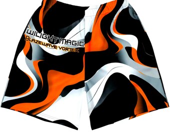 Blazewave Vortex - Pantaloncini lunghi sportivi unisex con stampa integrale, nero bianco arancione, grafica, pantaloncini da allenamento, esercizio fisico, tempo libero, spiaggia