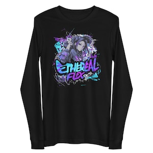 May include: Black long-sleeve shirt featuring a graphic of an anime-style character with purple hair and a hoodie. The design includes the text "ETHEREAL FLEX" in blue and purple, with graffiti-style accents.