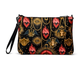 Golden Heartfire Black goth crossbody bag, burning hearts, chains, angel stars, gothic purse, pocketbook, dark fashion, edgy alternative bag