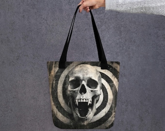 Spiral Skull Tote Bag, Vampire Teeth Gothic, Black Streetwear Accessory