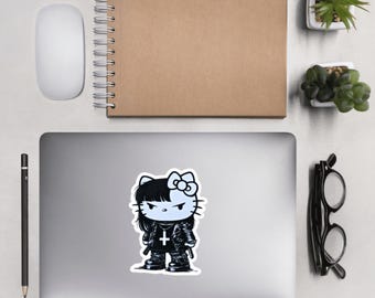 Angry Goth Kitty - Bubble Sticker, Gothic Cat Sticker, Black Cat Decal, Goth Sticker, Punk Cat, Spooky Cat, Hello Goth Kitty, Metal Music