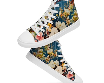 Denim Meadow - Scarpe alte in tela da donna, regalo per lei, sneakers in stile dipinto a mano, sneakers in denim, scarpe alte floreali boho