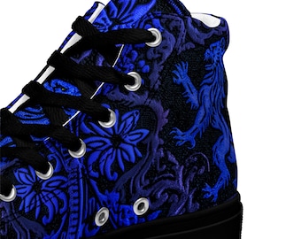 Gothic Lion Crest - Scarpe da uomo in tela alte, regalo, scarpe con stemma di leone, gotiche, sneakers, sneakers viola, emblema del leone, streetwear gotico