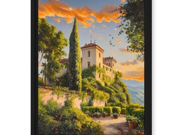 Castello di Siena - Tela incorniciata, dipinto a olio, decorazione murale, arredamento per la casa, vintage, Italia