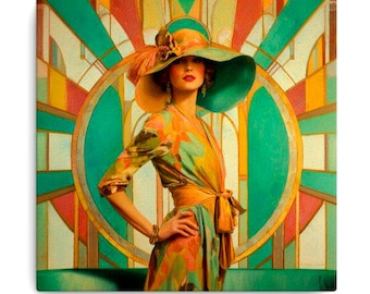 La ragazza con il cappello verde - Tela sottile, dipinto a olio, stile flapper, arte da parete, decorazione per la casa, bella ragazza, classico