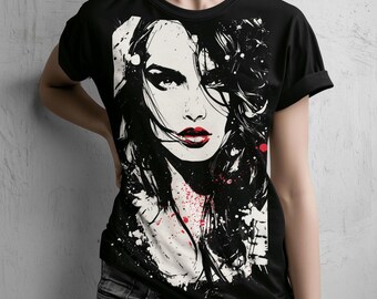 Femme Noir - Maglietta grafica da donna in bianco e nero, maglietta con ritratto alla moda, abbigliamento femminile, estetica, elegante, maglietta grafica, top gotico