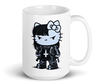 Angry Goth Kitty - White Mug, Gothic Cat Coffee Mug, Black Cat Mug, Goth Gift, Punk Cat, Emo Cat, Alternative Cat Lover Gift