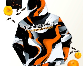 Blazewave Vortex - unisex hoodie, mandarijn oranje en zwarte camouflage hoodie, trendy camouflage hoodie voor streetwear, urban camo hoodie cadeau