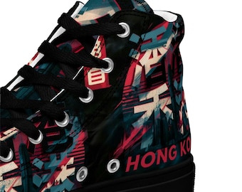Hong Kong Blade Runner -  Men's Hi-Tops, neon sneakers, cyberpunk shoes, streetwear shoes, canvas shoe, urban fashion, futuristic sneakers