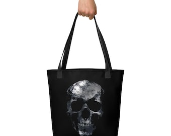 Black Void Skull Tote Bag, Subtle Goth Streetwear Canvas Carryall