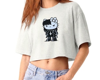 Goth Kitty - Cropped T-Shirt for Women, Gothic Cat Crop Top, Black Cat Shirt, Goth Fashion, Alternative Clothing, Punk Style, Cute Goth Tee