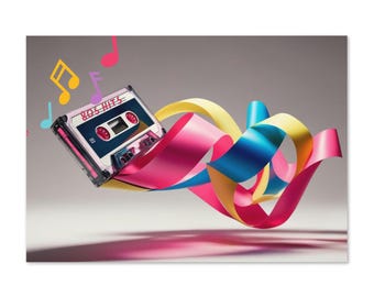 May include: A vintage cassette tape labeled "80s Hits" is floating in the air, surrounded by colorful ribbons of pink, blue, and yellow.  Musical notes are scattered around the tape.