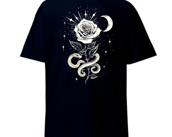 Il Fiore dell'Alchimista - Rosa, Luna, Serpente, grafica, bianco e nero, maglietta classica unisex, simbolismo gotico, incantesimo, musica, magia, strega