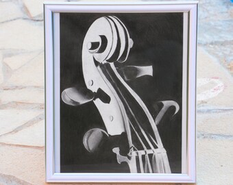 Violin fiddle instrument music musical classical pegbox scroll drawing sound graphite a4 black and white vertical contrast elegant string