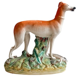 Antique Staffordshire Greyhound with Hare Figurine, English Pottery Dog Statue, Victorian Mantel Decor