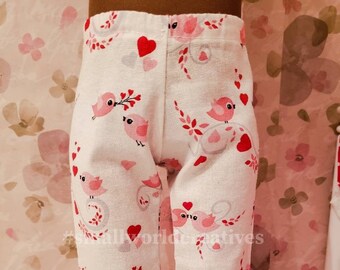 Pantalon de poupée en coton, 18 pouces, coeurs roses rouges, oiseaux d’amour