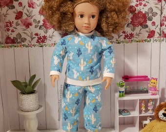 2 Piece Flannel Pajama Set, 18 Inch Doll Clothing, Blue Cactus