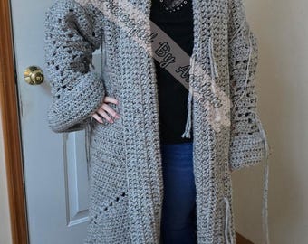 Elphaba grey chunky cardigan my version crochet Wicked cosplay long sweater fiero glinda