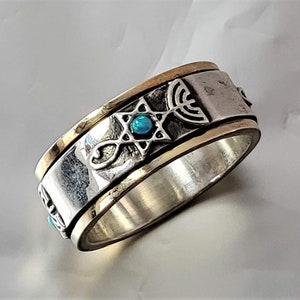 9K Gold & Silver Messianic Spinner Ring: Opal Star of David, Jewish Wedding