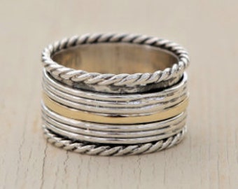 Silver Spinner Ring for Women, Wide Band Ring, Two Tone Ring, Rotation Ring, Spin Ring, Chunky Silver Ring, 9K Gold and Silver Boho Ring